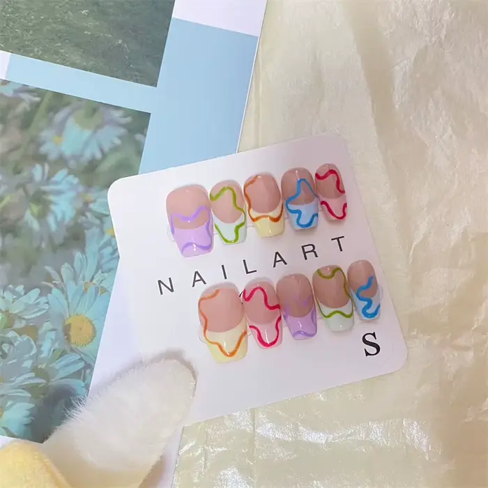 10 pièces à la main coloré français presse sur ongles Macarone Puzzle conception faux