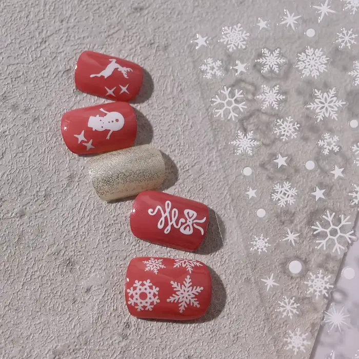 1sheet White Snowflake 3D Christmas Nail Art Stickers Self-Adhesive Xmas Snowy Winter