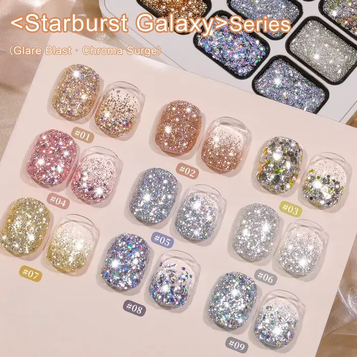 Lot de 9 couleurs – Série Galaxie Étoilée – Vernis à ongles semi-permanent en gel adhésif pailleté, 