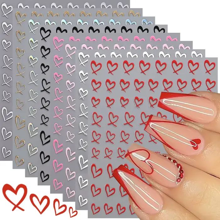 Autocollants pour ongles 3D français, 8 couleurs, cœur d'amour, creux, chérie, adhésifs, décalcomani
