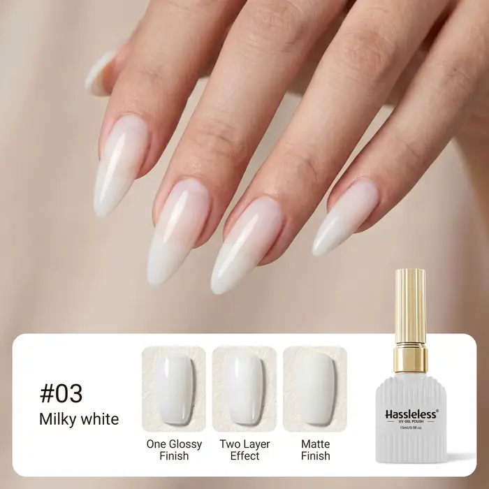 Vernis à ongles gel blanc laiteux Hassleless Sheer 15ml, UV/LED, formule qualité salon, tenue longue