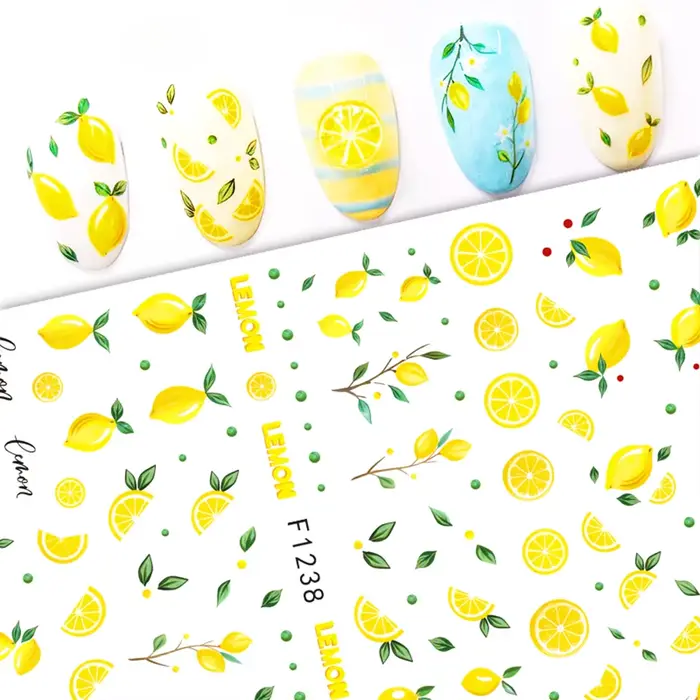 Autocollants pour ongles en forme de tranches de citron jaunes