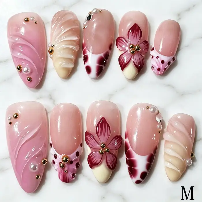 10 pièces/boîte Faux ongles en gel effet coquille ondulée, fleur 3D et strass, forme amande, faits m