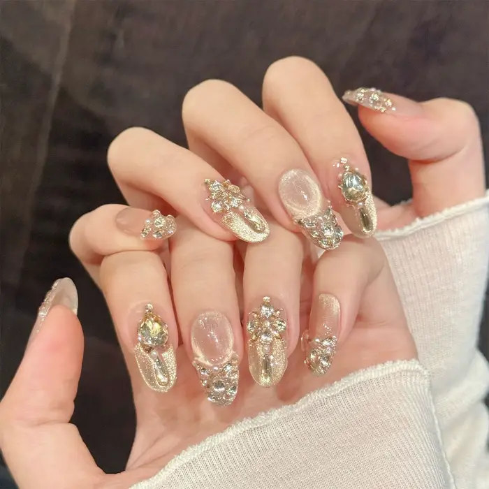 Faux ongles de luxe à pression avec strass en or rose