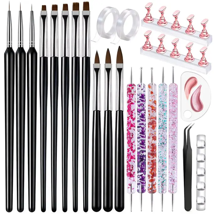 Kit de 23 outils pour nail art – Pinceaux, stylos à points, ligneurs, support magnétique, ruban adhé