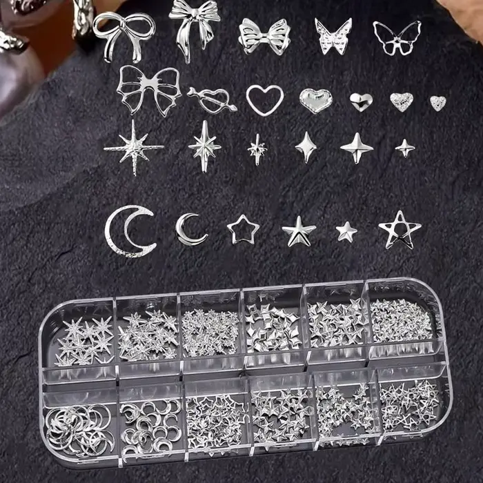 12 grilles de breloques et clous à ongles 3D argentés, motifs cœur, nœud, papillon, étoile, lune, st