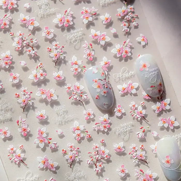Autocollant 5D pour Nail Art, pétale de printemps, fleurs de cerisier, branche de pêche vivante, adh