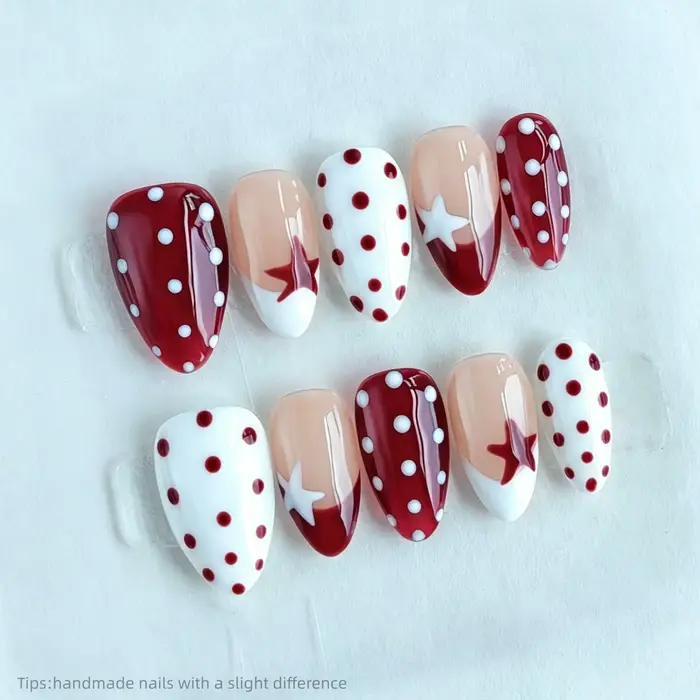 10 faux ongles à presser faits main, motif pois rouges et blancs, forme amande courte, style françai