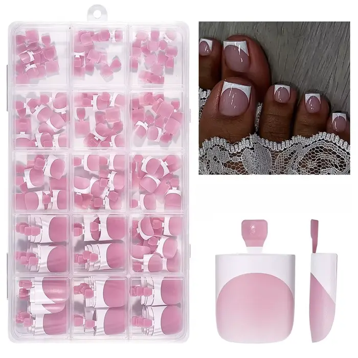Ensemble d'ongles français en acrylique, 150 pièces, court, carré, brillant, couverture complète, ad
