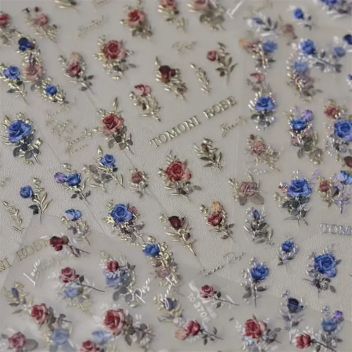 Autocollants pour ongles japonais Vintage, fleur de Rose rouge et bleue, Laser or argent, décalcoman