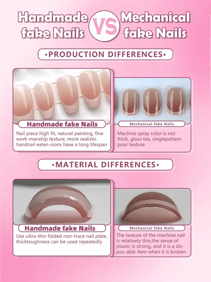 10 pièces d'art d'ongle fait à la main pur, faux ongles à pression, ongles en amande, ongles roses,