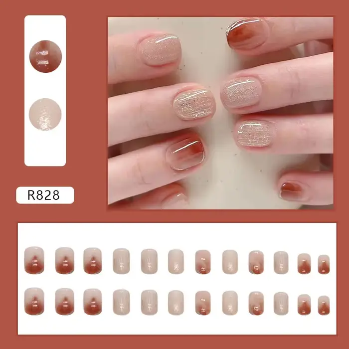 24 pièces faux ongles avec Design faux ongles carrés courts avec breloques de colle auto-ongle Rose 