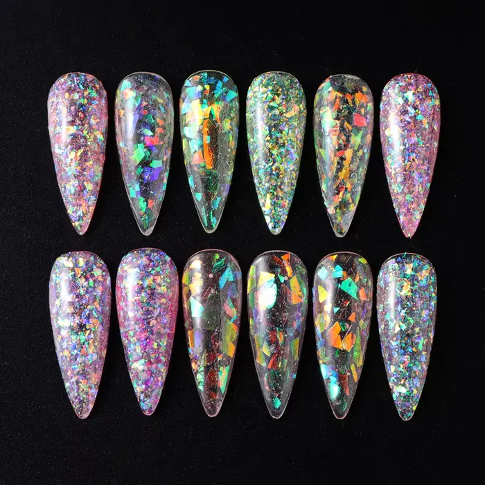12 grilles Aurora caméléon ongles paillettes flocons irréguliers cristal verre