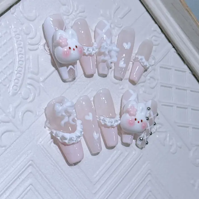 Faux ongles longs et amovibles faits à la main réutilisables simples doux français rose girly jupe en forme de cœur lapin mignon