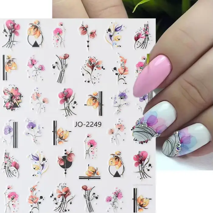 Autocollants de manucure pour Nail Art, Gel aquarelle fleur, lignes géométriques florales, paillette