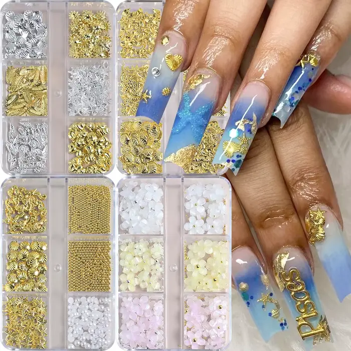 Breloques en métal pour Nail Art, 6 grilles, océan d'été, coquille 3D, étoile de mer, hippocampe, pe