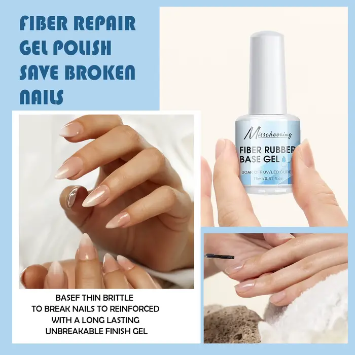 Gel de base en fibre de caoutchouc de 15 ml – Gel de construction transparent compatible UV/LED à séchage rapide pour la réparation des ongles cassés avec vernis à tremper