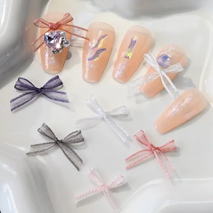 20 pièces 3D blanc/rose Organza ruban ongles nœud papillon 14X20 cm mat