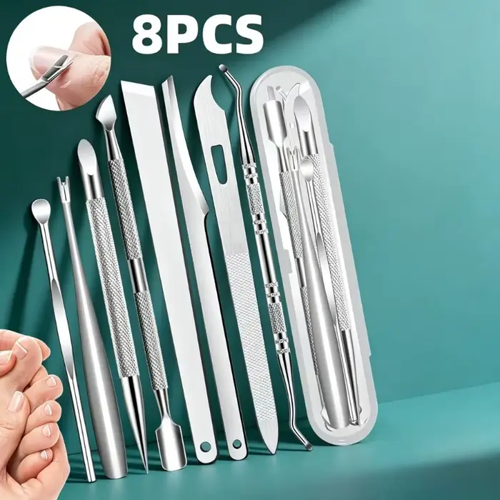 8 outils de pédicure en acier inoxydable pour le soin des mains et des pieds, comprenant un repousse