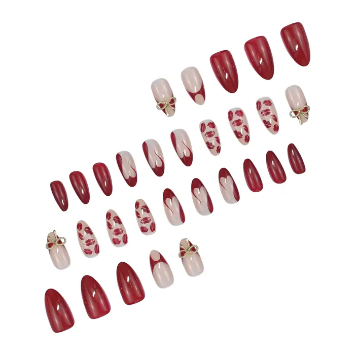 24 ongles artificiels faits à la main en tons rouge foncé et nude
