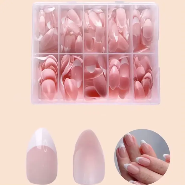 Faux ongles français blanc amande pour femmes et filles