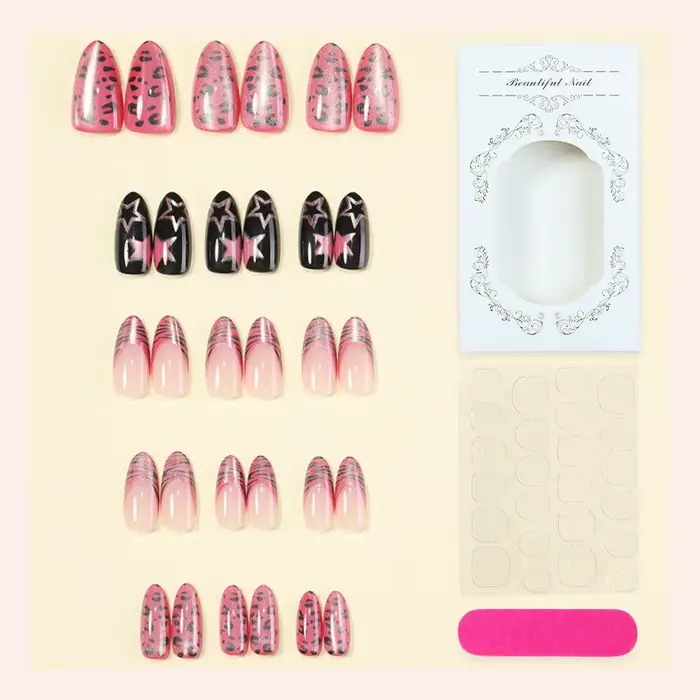 24 faux ongles roses brillants à presser