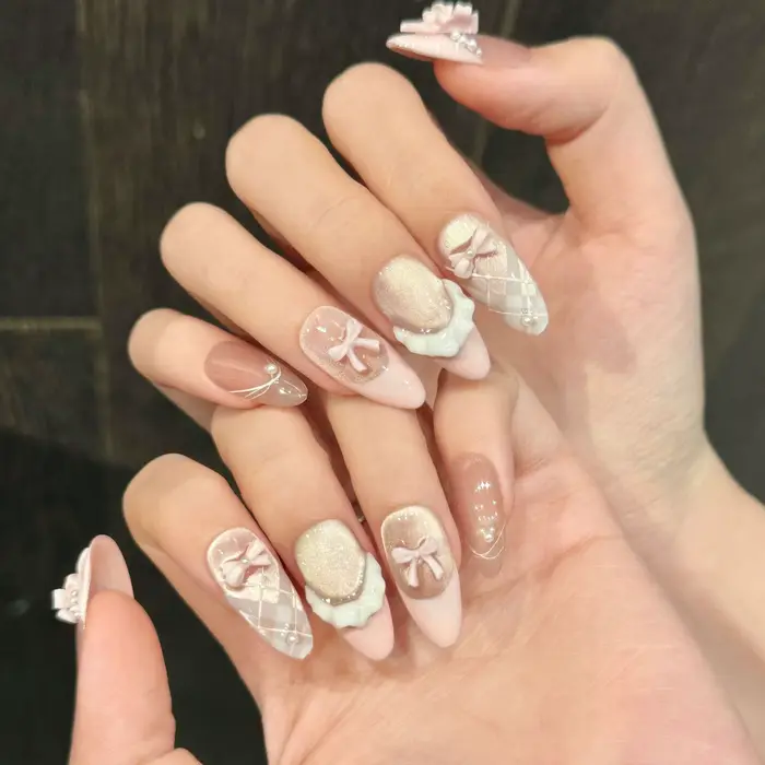 10 pièces doux Ballet portable faux ongles à la main rose Style français 3D nœuds papillon presse