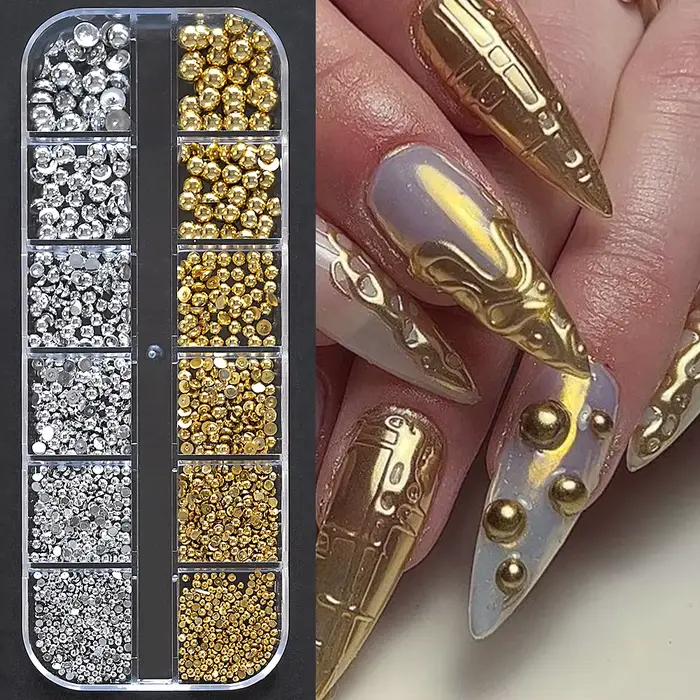 12 grilles or argent perles pour ongles 3D demi-rond perle