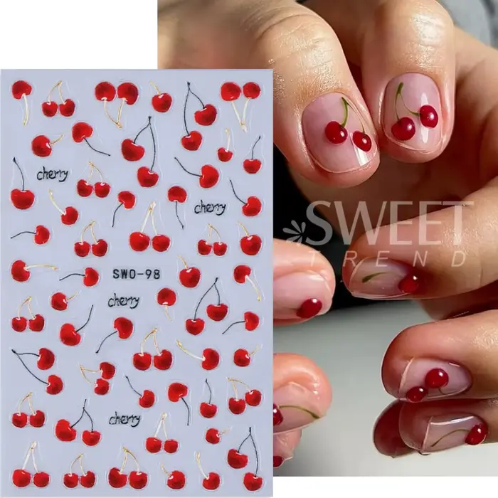 2 autocollants pour ongles en cerise rouge