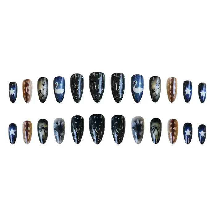 Faux ongles Style étoile lune, 24 pièces, nœuds papillon en forme de cygne blanc, motif floral impri