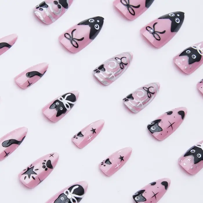 24 pièces doux Cool rose oeil de chat presse sur ongles