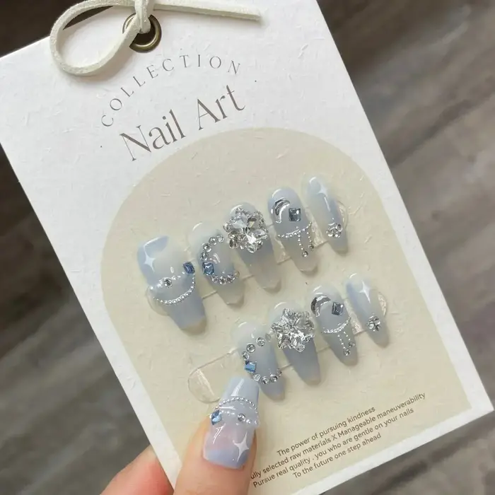 10 pièces presse à la main sur les ongles longs Ballet bleu faux