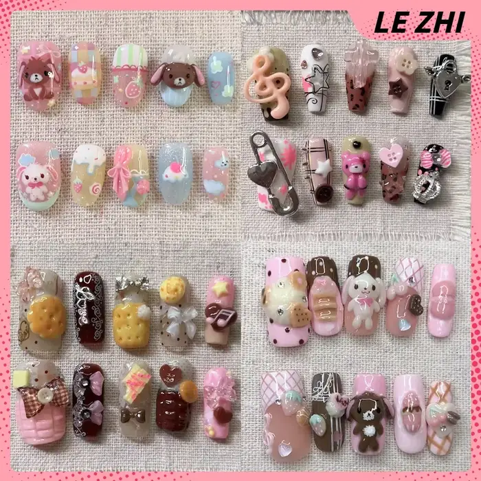 Dessin animé Kawaii Rilakkuma Long carré Stiletto fait à la main couverture complète ongles Biscuit fraise Notes de