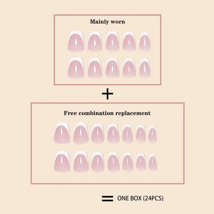 Tendance de la mode femmes filles 24 pièces/ensemble court Ballet rose français blanc bordure couverture complète portable faux ongles presse sur Nail Art
