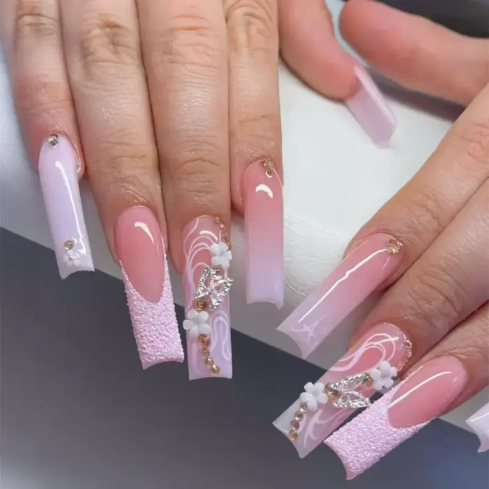 Faux ongles français longs avec colle, 24 pièces, faux ongles de Ballet, Design papillon en strass, 