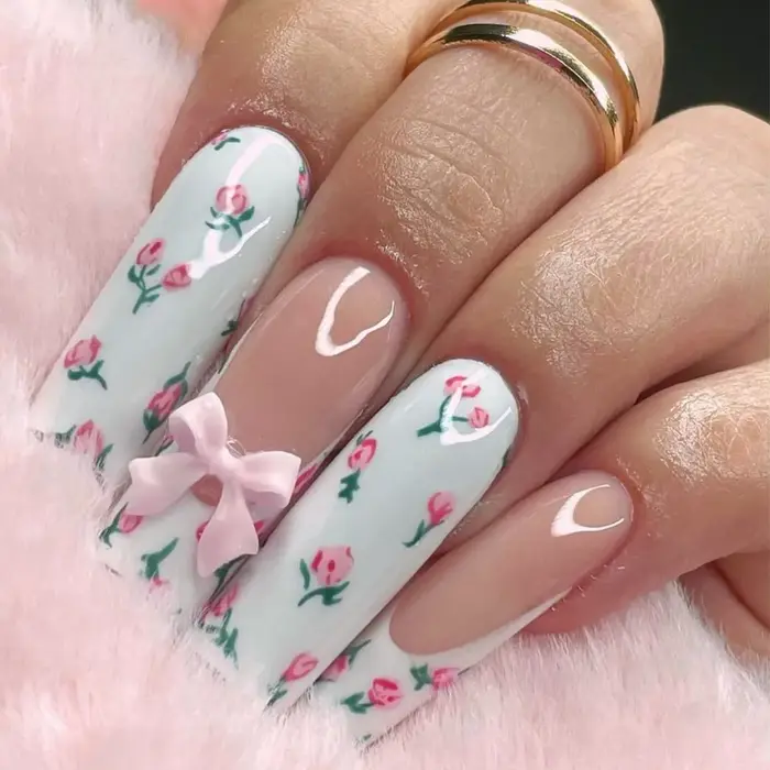 Faux ongles tubulaires longs avec nœuds cercueil rose fleur à pression pointe française portables couverture complète