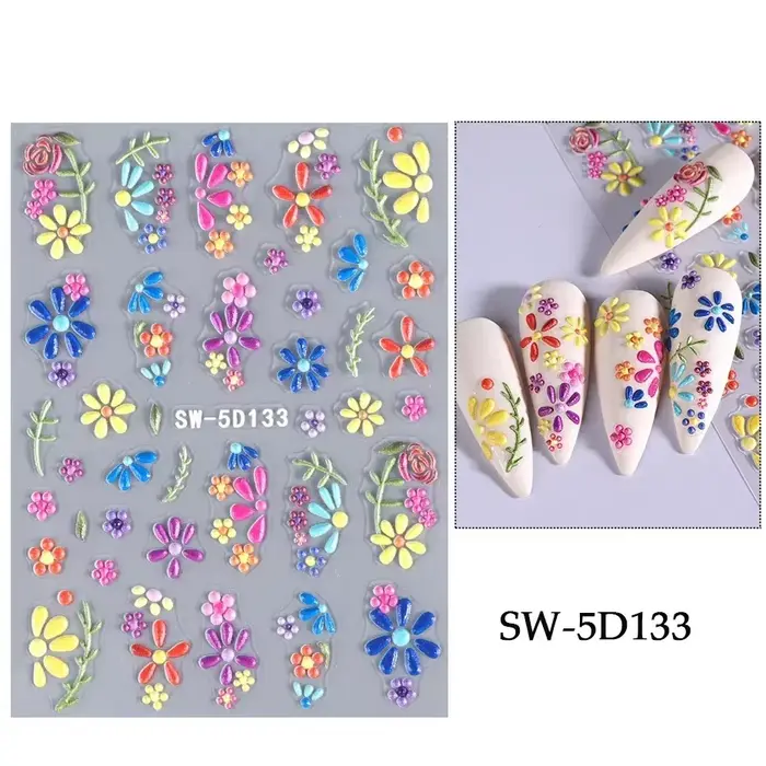 Autocollant pour Nail Art, fleur de marguerite colorée 5D, dentelle, cœur, pétales creux de printemp