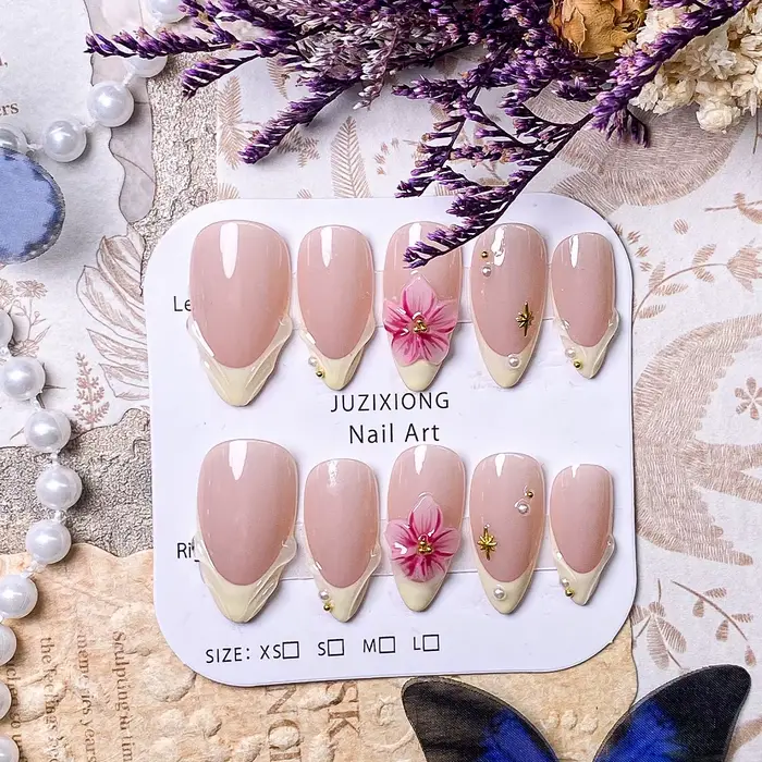 10 pièces de faux ongles press-on floraux jaunes et roses français, faits à la main, élégants, roman