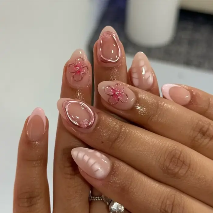 24 pièces français amande presse sur ongles motif de fleur faux ongles portable à coller faux ongles