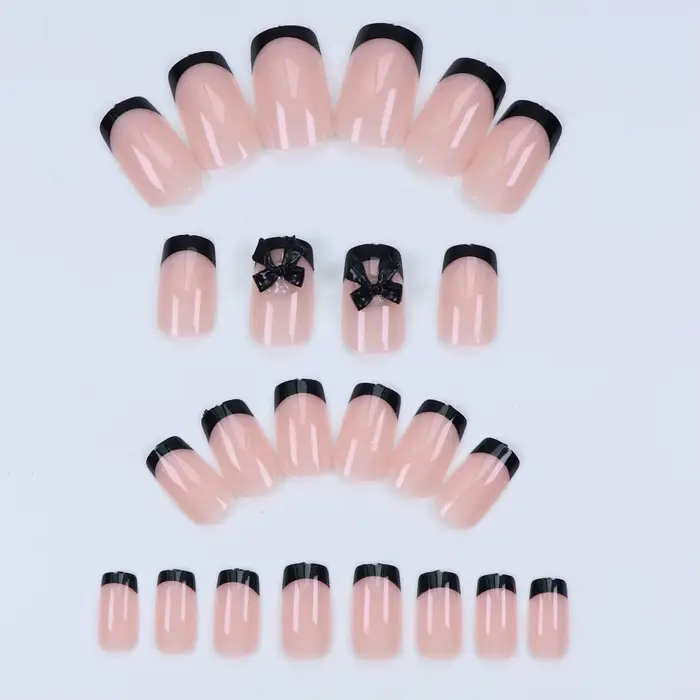 24 pièces presse sur ongles nœud papillon noir presse sur ongles blanc perle douce pointe française