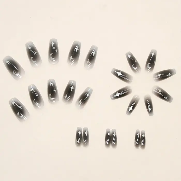 Faux ongles noirs dégradés à couverture complète pour filles cool, faux ongles cercueil mi-longs, mo