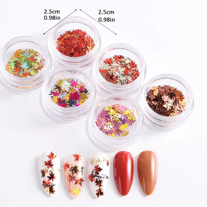 6 boîtes de paillettes pour ongles en forme de feuille d'érable dorée, paillettes holographiques en forme de feuille d'automne, flocons de paillettes multicolores, décorations pour manucure