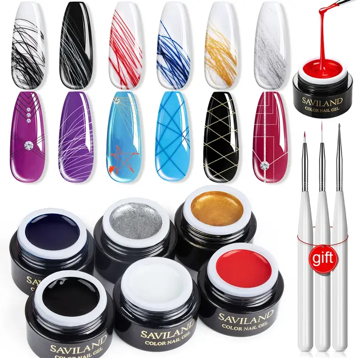 SAVILAND Gel Araignée 6 Couleurs Nouvelles Matrices avec Pinceaux Nail Art et Stylo Liner pour Dessin au Fil