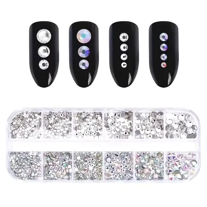 Boîte de strass 3D à dos plat pour ongles, gemmes en verre AB et cristal clair, Kit de breloques pou