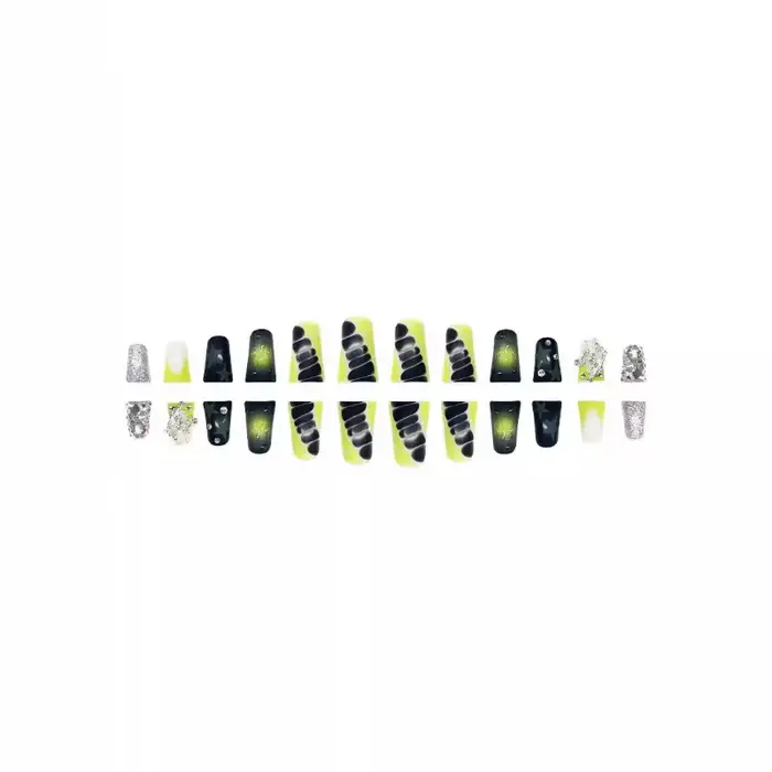 24 faux ongles moyens à presser en forme de bec de canard avec motifs