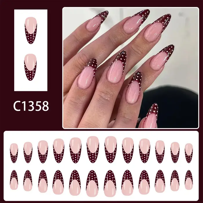 Doux français pointe presse sur ongles moyen amande forme brillant rouge blanc à pois faux