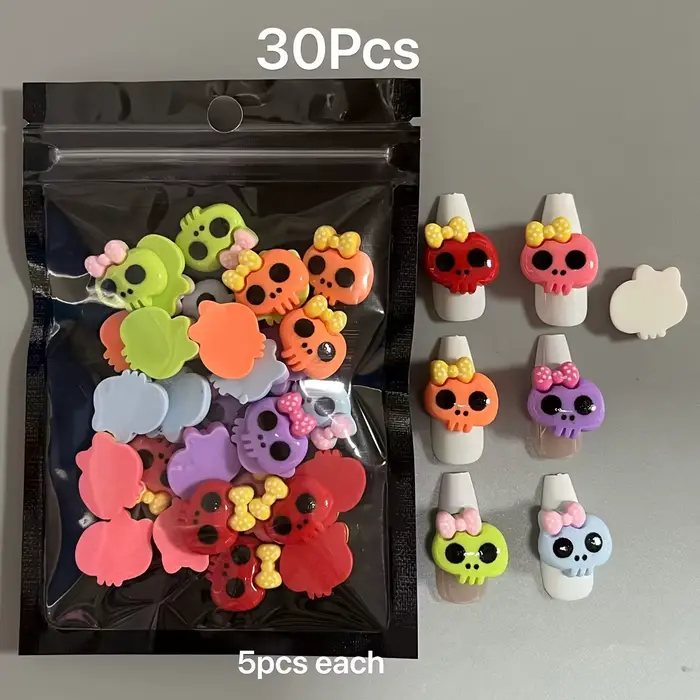 30 pièces Accessoires de manucure Gothique Halloween, Breloques pour nail art en résine (nœuds, tête