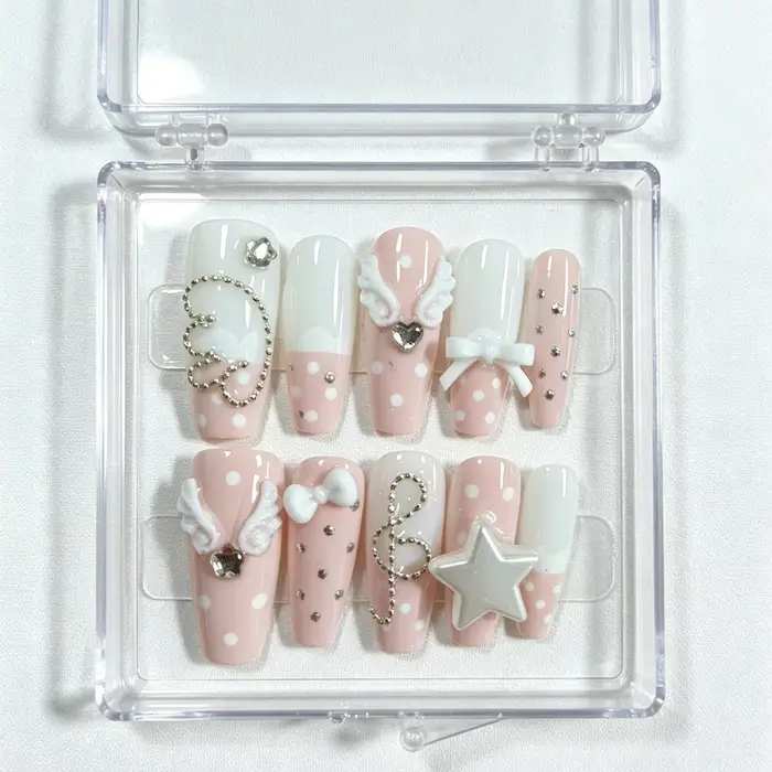 10 faux ongles faits à la main en forme de cercueil, magnifiques faux ongles, ailes roses et blanche