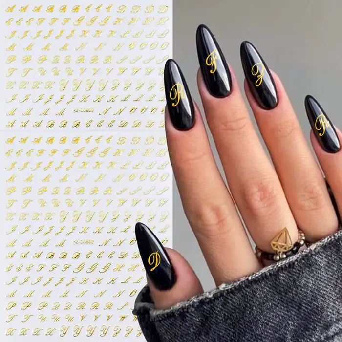 Autocollants pour ongles avec lettres romaines 3D, 1 pièce, or/argent/noir/Laser Alphabet, décalcoma