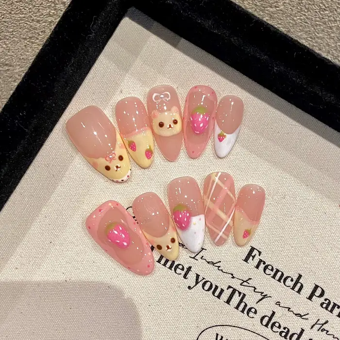 10 pièces rose amande presse sur ongles à la main ovale Style français faux